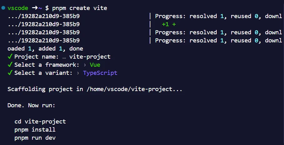 pnpm create vite 的互動式專案設定畫面
