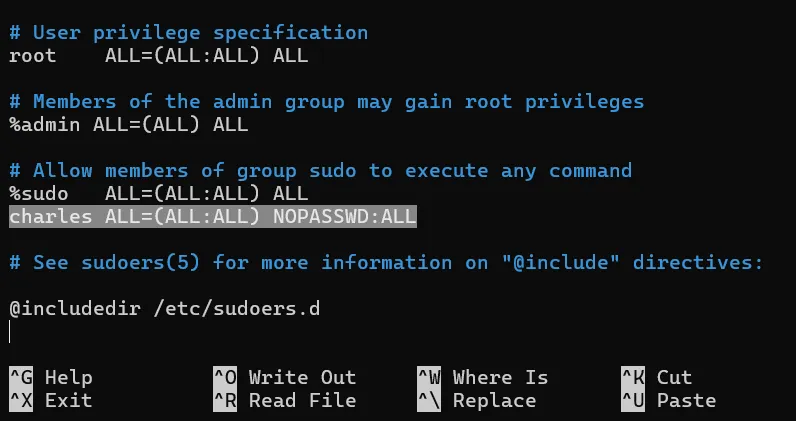 在 sudoers 檔案末尾加入 NOPASSWD 設定