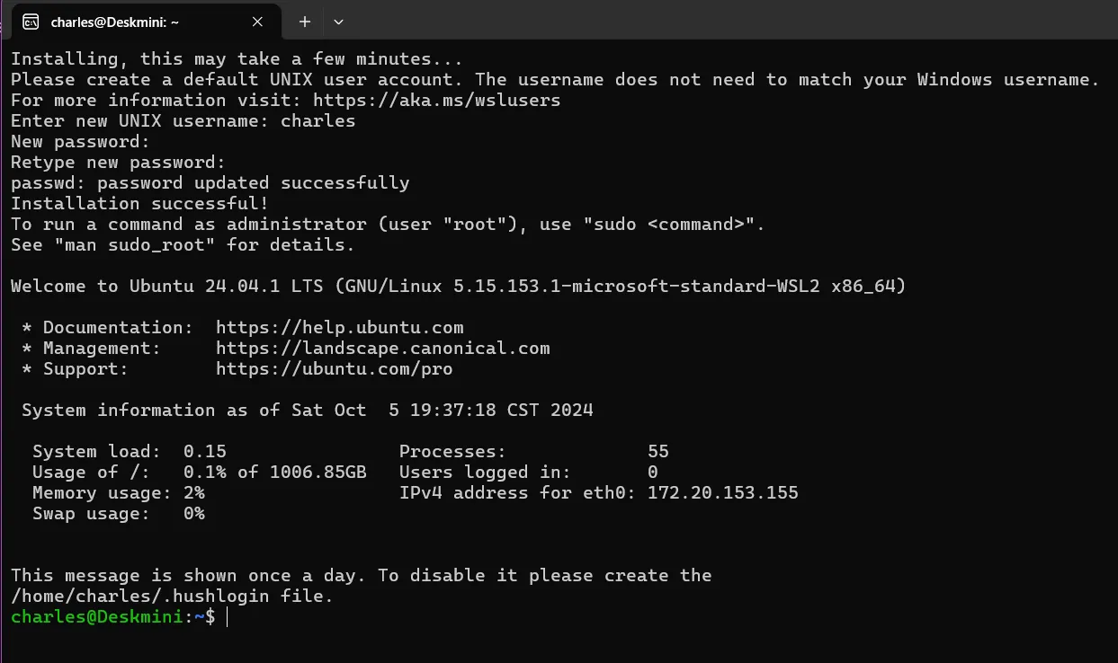 WSL 首次啟動時設定使用者名稱與密碼的終端機畫面