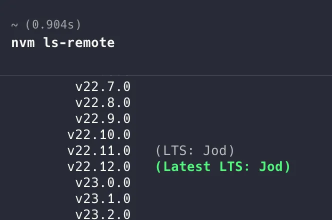 在 macOS 執行 nvm ls-remote 的版本清單
