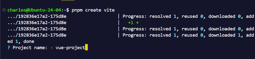 pnpm create vite 詢問專案名稱的畫面