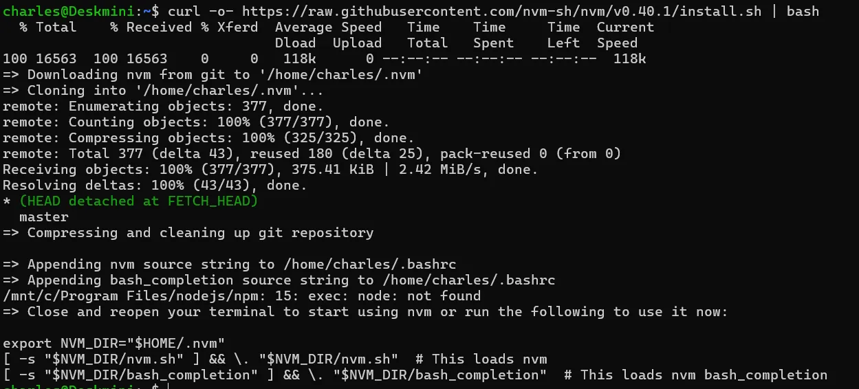 在 Linux 執行 nvm 安裝指令後的終端機輸出